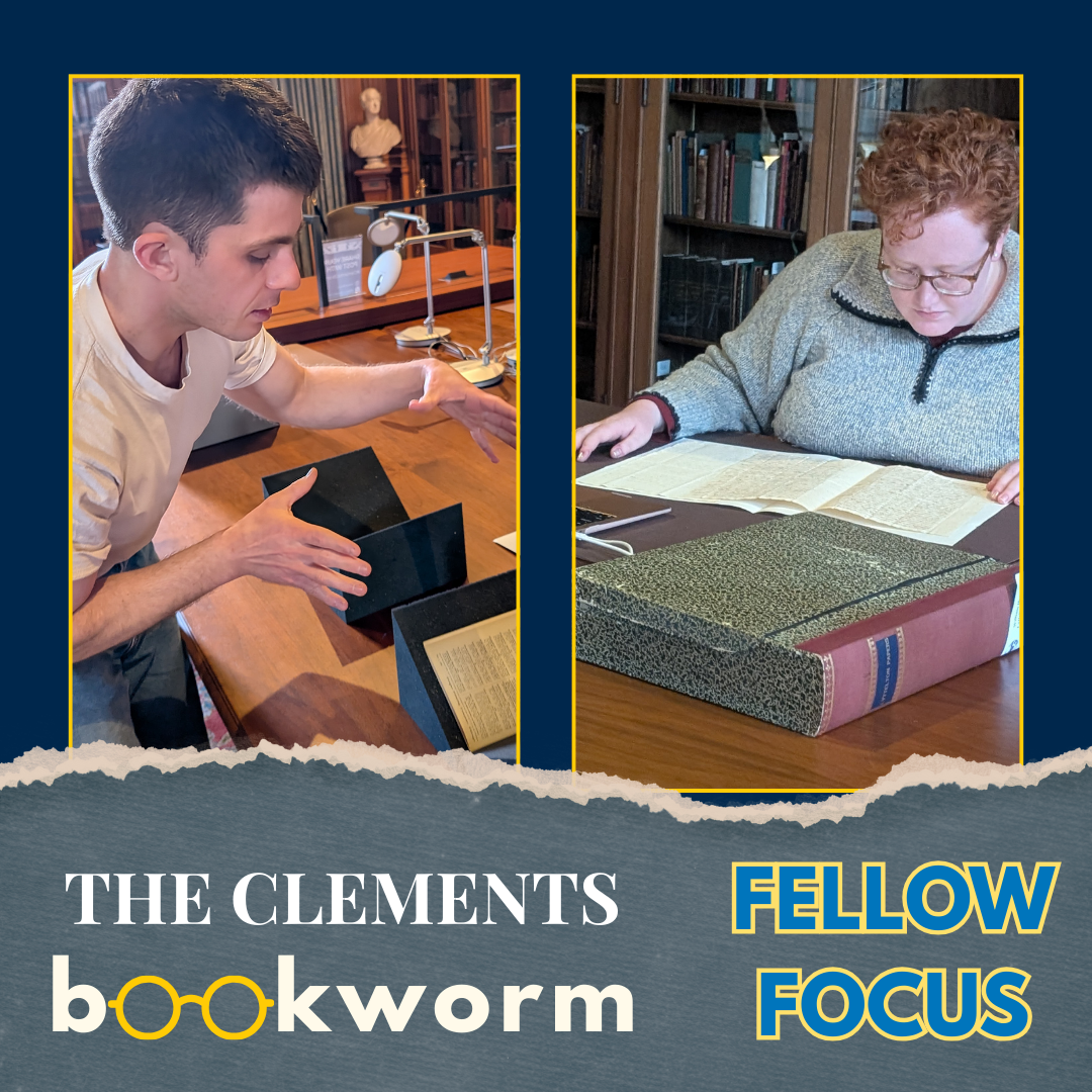 Rectangular graphic featuring two images split down the middle of the page of Ben Pokross and Emily Dixon-Magness in the Clements Library Avenir Foundation Reading Room.