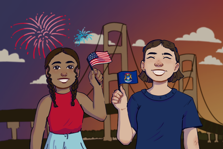 Animated figures celebrating US/MI at 250 with flags and fireworks